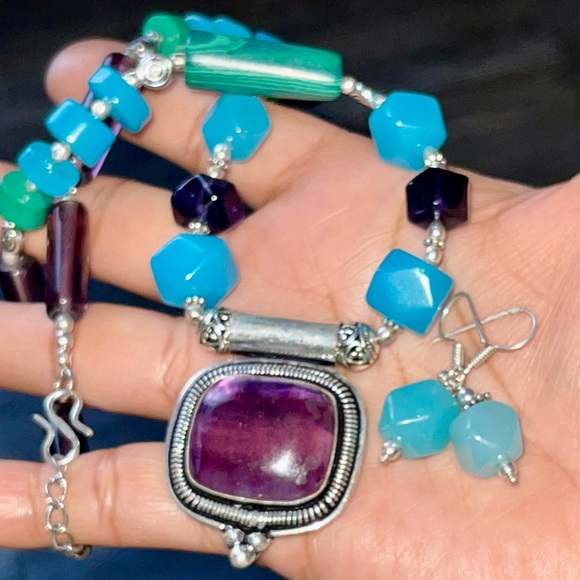 Chalcedony, Malachite, Fluorite Necklace Pendant & Earrings Set - Picture 4 of 13